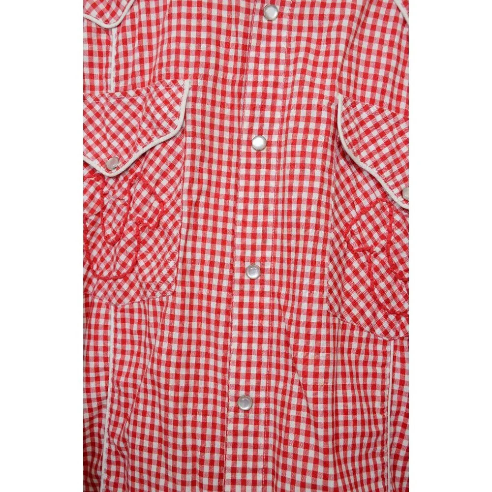 True Religion Men's 42 Vintage-Style Red White Gingham Western Pearl Snap Shirt